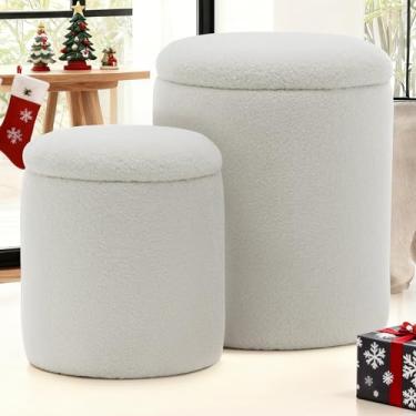 Imagem de YSICK Otomano redondo com armazenamento, conjunto de 2, banquinho pequeno como cadeira, descanso de pés otomano sherpa para pequenos espaços, sala de estar, quarto, branco