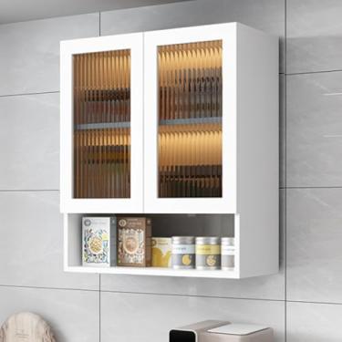Imagem de Armário de remédios de cozinha de madeira com 2 portas de vidro, armazenamento sobre o vaso sanitário, suporte de exibição de despensa para banheiro / banheiro / organização do quarto