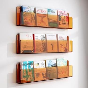 Imagem de Porta-revistas de parede de acrílico laranja de 3 peças - Exibição de literatura elegante para escritório, escola, banheiro e recepção - suporte de brochura e organizador de correio (tamanho: 100 cm)