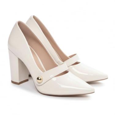 Imagem de Sapato Scarpin Feminino Verniz Salto Grosso 9cm Bico Fino com Tira Dourada – Confortável, Antiderrapante (Branco, BR, Adulto, Numérico, 35)