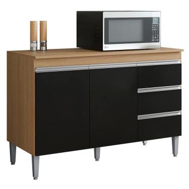 Imagem de Balcão De Cozinha Com Tampo 120cm 3 Gavetas Andréia Amêndoa/preto - Ajl Móveis