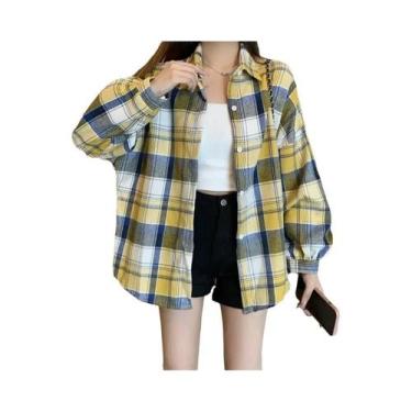 Imagem de Camisa Jaqueta Xadrez Tartan Oversized Feminina Manga Longa Com Botões