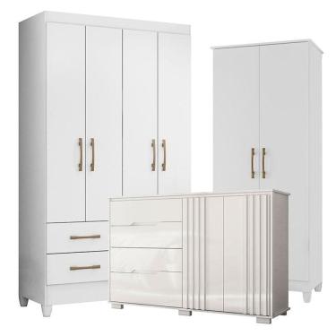 Imagem de Guarda Roupa Solteiro Chile com Cômoda Texas e Armário Multiuso Jade Branco Brilho– Moval