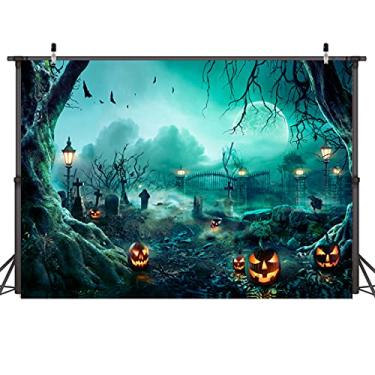 Imagem de Cenário de cemitério de Halloween, 2,1 x 1,5 m – fundo assustador de cemitério assombrado, abóboras, luz da lua, nevoeiro, para decoração de festa de terror, pano de fundo para fotografia de Halloween