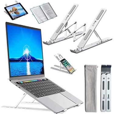 Imagem de Suporte de laptop para mesa, suporte de laptop ergonômico portátil ajustável de alumínio, suporte de computador dobrável 6 ângulos, almofada de resfriamento de laptop compatível com macbook, ipad, 9 "-17" riser de laptop e tablets (prata)