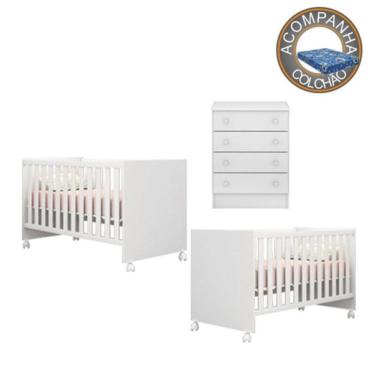 Imagem de Kit Berço Gemeos 1344 Com Rodízios Com Colchão Baby Physical e Cômoda 777 Linha Doce Sonho Qmovi Ortobom