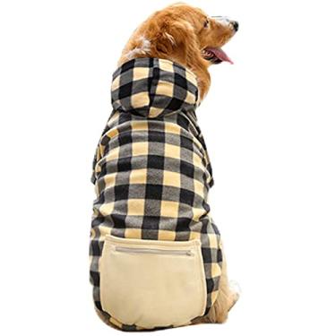 Imagem de Foern Suéter macio para cachorro, roupas quentes para animais de estimação com bolso casaco de inverno para ambientes internos, moletom com capuz xadrez vermelho para cães pequenos, médios, grandes, amarelo, P: 37 cm/14,6 pol