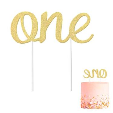 Imagem de Gold 1st Birthday Topper, Double Sided Glitter, Number One Cake Topper Decoration, One Year Bday Party Decor for Girls and Boys, Couples And Marriage First Anniversary