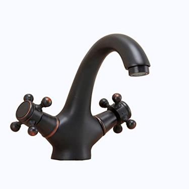 Imagem de LIDON Torneira de banheiro de latão retrô, alça dupla, torneira de pia de banheiro de latão antigo 1 furo, torneira de banheiro de latão antigo furo único, torneiras de banheiro preto, preto (cor: preto)