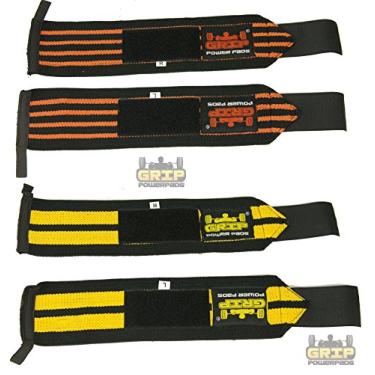 Imagem de Grip Power Pads 2 munhequeiras para levantamento de peso, suporte de pulso, bandagens de ginástica para homens e mulheres, qualidade premium e borracha profissional (2 pares laranja e amarelo, 33 cm)