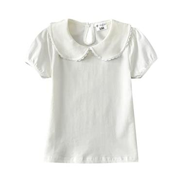 Imagem de Camiseta feminina de verão pequena de renda fresca manga curta lapela manga curta cor sólida para 0 a 6 roupas de verão para crianças (branca, 18 a 24 meses)