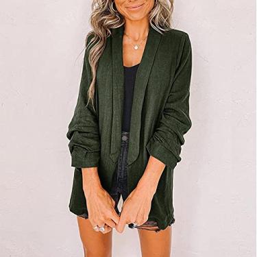 Imagem de Blazer cardigã lapela cor sólida manga três quartos casual slim fit senhora trabalho escritório blazer ternos para festa, verde, M