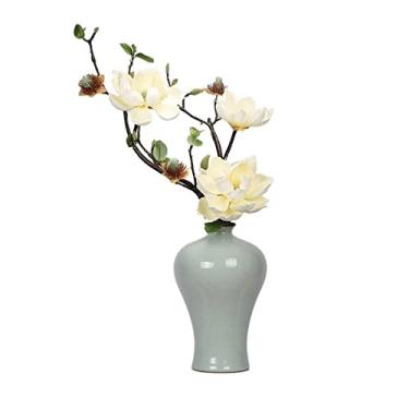 Imagem de KIZQYN Flores artificiais vaso de cerâmica clássico decoração de flor artificial simulação magnólia terno varanda sala de estar decoração de mesa vaso de cerâmica decoração de flores (cor: bege, tamanho: 1)
