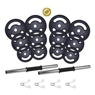 Imagem de Kit 24Kg Anilha/ Halteres De Ferro Premium + Barra Oca