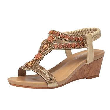 Imagem de Sandálias femininas de verão chinelos femininos rasos de dedo do pé confortável slip-on sapatos casuais sandálias femininas com suporte de arco, Dourado, 7.5 Narrow