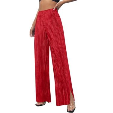 Imagem de CXXQ Calça feminina plissada de perna larga elástica cintura alta vestido rodado calça longa Palazzo tamanho regular, Vermelho, M
