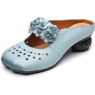 Imagem de Sandália feminina de bico quadrado vazado salto bloco flores tira Mary Janes Mules elegante confortável chinelos, Azul, 34