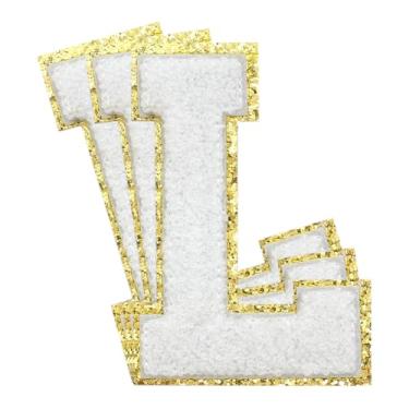 Imagem de 3 Pçs Remendos de Chenille Letras Douradas Glitter Ferro em Remendos de Letras Varsity Remendos Bordado de chenille Remendos Costurados para Roupas Chapéu Bolsas Jaquetas Camisa (Ouro, G)
