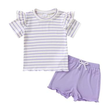 Imagem de YOUNGER TREE Conjunto de roupas infantis de manga curta de malha canelada para meninas, conjunto de roupas de verão, Listrado roxo, 3-4 Anos