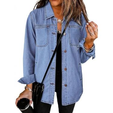 Imagem de luvamia Jaqueta jeans feminina moderna de manga comprida com botões, jaqueta jeans com bolso, jaqueta de trabalho ocidental, Azul turquesa, GG
