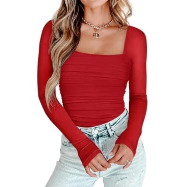 Imagem de PINKMSTYLE Body feminino de malha de manga comprida com gola quadrada corpete corpete sexy roupas de concerto camisas de festa, Vermelho, G