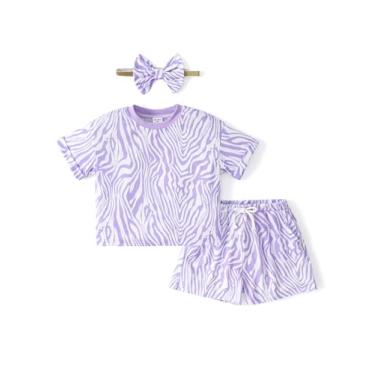 Imagem de PATPAT Conjunto de shorts de verão para meninas, camiseta de leopardo, 2 peças, roupas com bolsos, faixa de cabeça de 2 a 6 anos, Roxo lavanda, 3-4 Anos