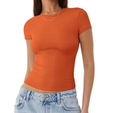 Imagem de MIROMIHO Camisetas femininas básicas, gola redonda, manga curta, tops bonitos de verão, modelagem justa, roupas Y2k 2024, Laranja, G