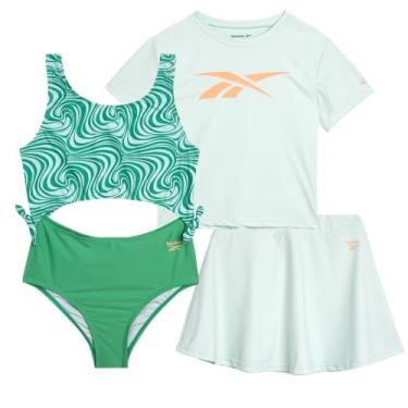 Imagem de Reebok Conjunto de roupa de banho para meninas – Camiseta e saia de secagem rápida de 3 peças com monoquíni recortado em uma peça – Conjunto de roupa de banho, Redemoinho verde, 6X