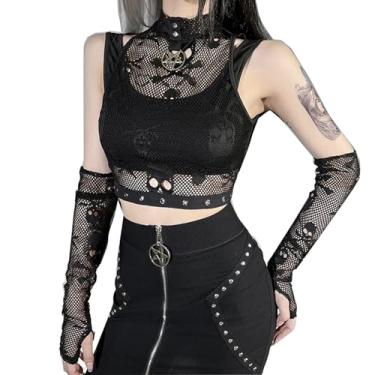Imagem de Camiseta regata feminina Y2K Gothic Skull Crop Top sem mangas de malha sexy para festa rave clubwear, Preto A, G