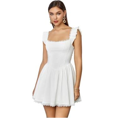 Imagem de GLNEGE Vestido feminino com decote quadrado mini espartilho curto com babados manga evasê vestidos de festa bonitos na moda, Branco, M