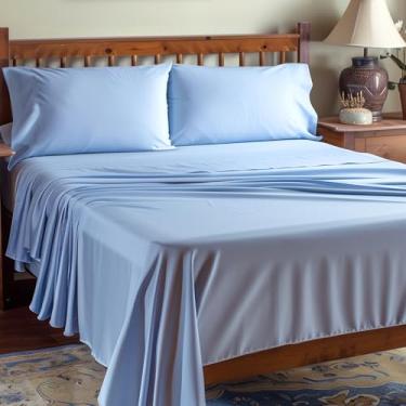 Imagem de Caelorin Jogo de lençol refrescante, tamanho casal 100% raiom de bambu, conjunto de 4 peças, roupa de cama de luxo com bolso profundo (até 40,6 cm), azul glaciar