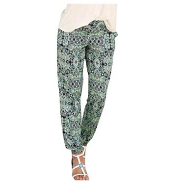 Imagem de Lainuyoah Calça cropped leve para mulheres verão plus size estampa floral boho cintura elástica férias calças afuniladas, B - verde, GG