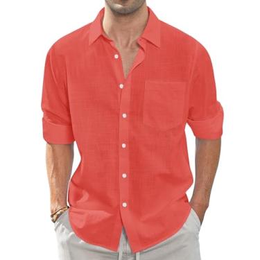 Imagem de J.VER Camisa masculina de linho casual abotoada manga longa gola lisa camisa de praia de verão com bolso, Coral, XXG