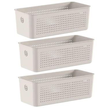 Imagem de 3 Caixas Organizadoras 27x12x9cm Bege Flow 3L Retangular Cestos Multiuso Lavanderia Banheiro