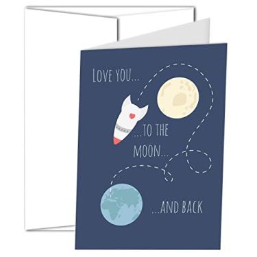 Imagem de TLC Safety By Design Cartão de felicitações Love You to the Moon and Back Rocket 12,7 cm x 17,78 cm com envelope - incentivo, aniversário, aniversário de casamento, pensando em você, gênero neutro (Qtd. 1)