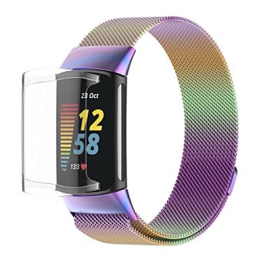 Imagem de SKYK Pulseiras de relógio de malha magnética e capa protetora de tela de TPU de cobertura total compatível com Fitbit Charge 5 - capa HD macia de aço inoxidável e pulseira de metal (colorida)