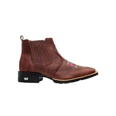 Imagem de Bota Feminina Texana Couro Café Cano Curto Bordado Bico Quadrado (Marrom, BR, Adulto, Numérico, 39)