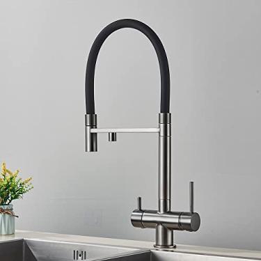 Imagem de Torneira de cozinha com filtro de água, preta, torneira de misturador quente e fria, montada no deck, com rotação de 360 graus, pistola cinza