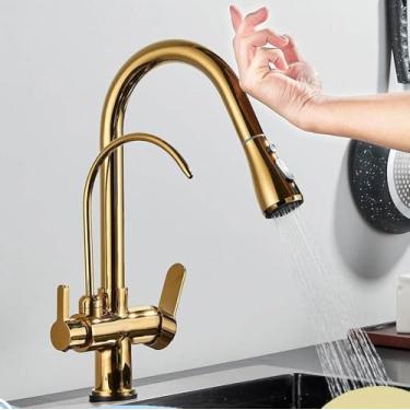 Imagem de Filtro de sensor de toque Torneira de cozinha de água 2 em 1 Preto Coloque para fora Torneiras de pia de modos duplos para cozinha Torneira misturadora de água pura, dourada