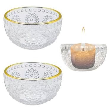 Imagem de 2 Portas Velas Floral Castiçal Vidro Redondo Borda Dourado - Freecom