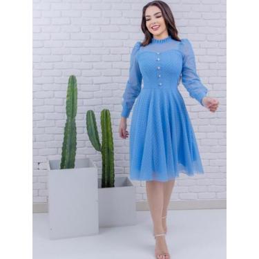 Imagem de Vestido Midi com Manga Longa Tule Poa com Botões - Vestidos de Festa, 