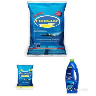 Imagem de 1 cloro granulado  Neoclor 1 kg, 1 algicida manutenção e 1 pastilha de