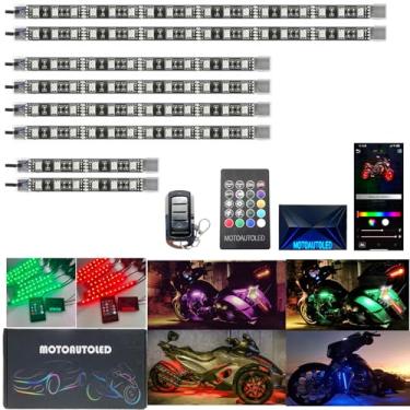 Imagem de 8 peças de tiras de LED para motocicleta, à prova d'água, multicoloridas, realce musical, luz RGB, sinal de freio, acessórios de controle remoto para quadriciclo Can Am Harley Davidson, Honda,