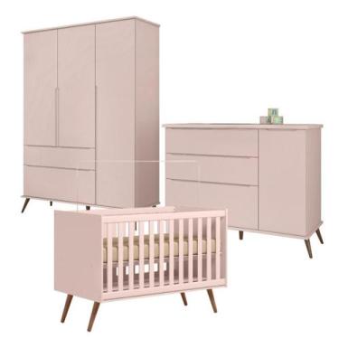 Imagem de Kit Quarto Infantil Bebê Melinda Com Pés Cômoda Guarda Roupa 3 Portas 