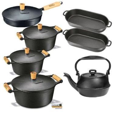 Imagem de Kit 3 Caçarola 1 Frigideira 1 Chaleira 2 Assadeira Ferro Fundido - Oka