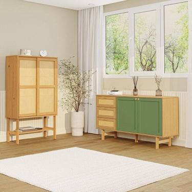 Imagem de Kit Buffet 2 Portas Laca 3 Gavetas Rattan com Cristaleira Porta Rattan Magna Cabecasa Madeiramadeira Mel/Verde