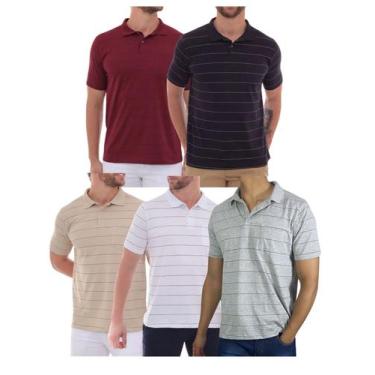 Imagem de KIT Masculino 5 Peças - Camisa Polo Listrada com Bolso Malha Branco/Pr