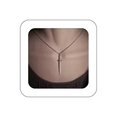 Imagem de Vacaonio Colar punk com pingente de cruz e espada de prata, colar de corrente de adaga legal, colar de corrente de espada gótica, colar de Halloween, joia feminina, Zinco, Sem Pedra Preciosa
