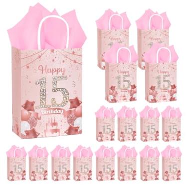 Imagem de 50 peças de lembrancinhas de festa de aniversário de 15 anos, sacos de presente a granel, preto e dourado Happy 15th Gift Candy Wrap Bags com papel de seda, decoração vintage de 15º aniversário bolsa