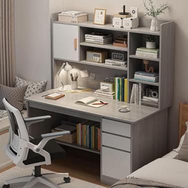 Imagem de Mesa de escritório moderna em casa com prateleira de armazenamento, mesa de estudo, mesa de trabalho com gaiola e estante, mesa de computador de madeira com gavetas e prateleiras, cinza 1,120 x 45 x